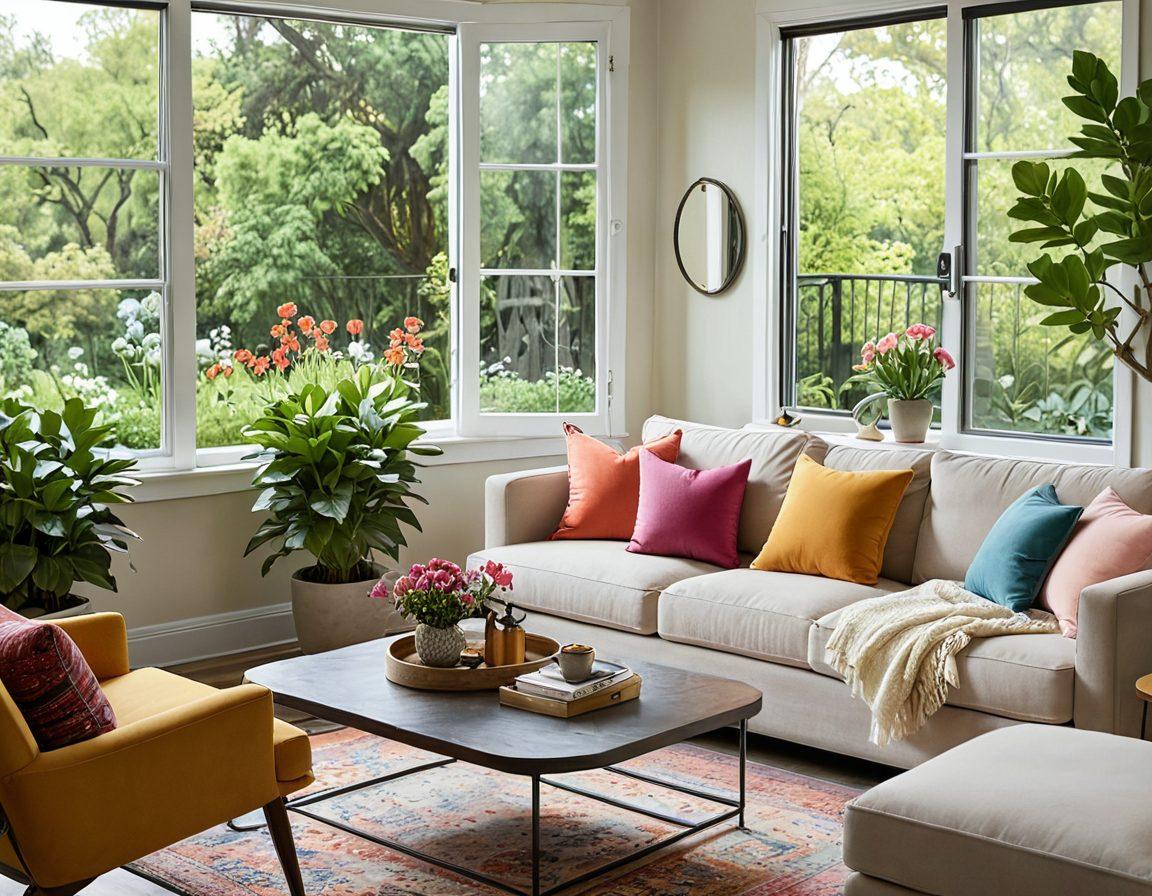 A cozy living room showcasing a beautiful rental home with elegant furnishings, pet-friendly elements like a dog bed and toys scattered around. A large window reveals a sunny garden outside, filled with greenery. The atmosphere is warm and inviting, emphasizing affordable luxury. Include elements like a 'For Rent' sign subtly placed in the garden. super-realistic. vibrant colors. 3D.