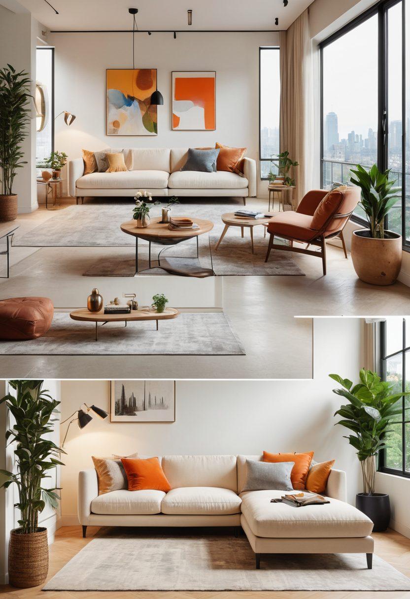 A collage depicting a cozy studio apartment with warm lighting, a modern elegant condominium with floor-to-ceiling windows showcasing a city view, and a serene outdoor space with greenery. Include elements like a comfy sofa, stylish decor, and luxurious furniture to represent both styles, evoking a sense of comfort and sophistication. super-realistic. vibrant colors. white background.